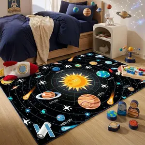 Kids Solar System Space Flannel Area Rug - Black Galaxy Planets Orbit Print Soft Mat for Playroom & Nursery, Non-Slip Educational Astronomy Rug #SolarSystemSpaceRug #GalaxyPlanetMat #KidsAstronomyDecor #OrbitPrintCarpet #NonSlipFlannelRug