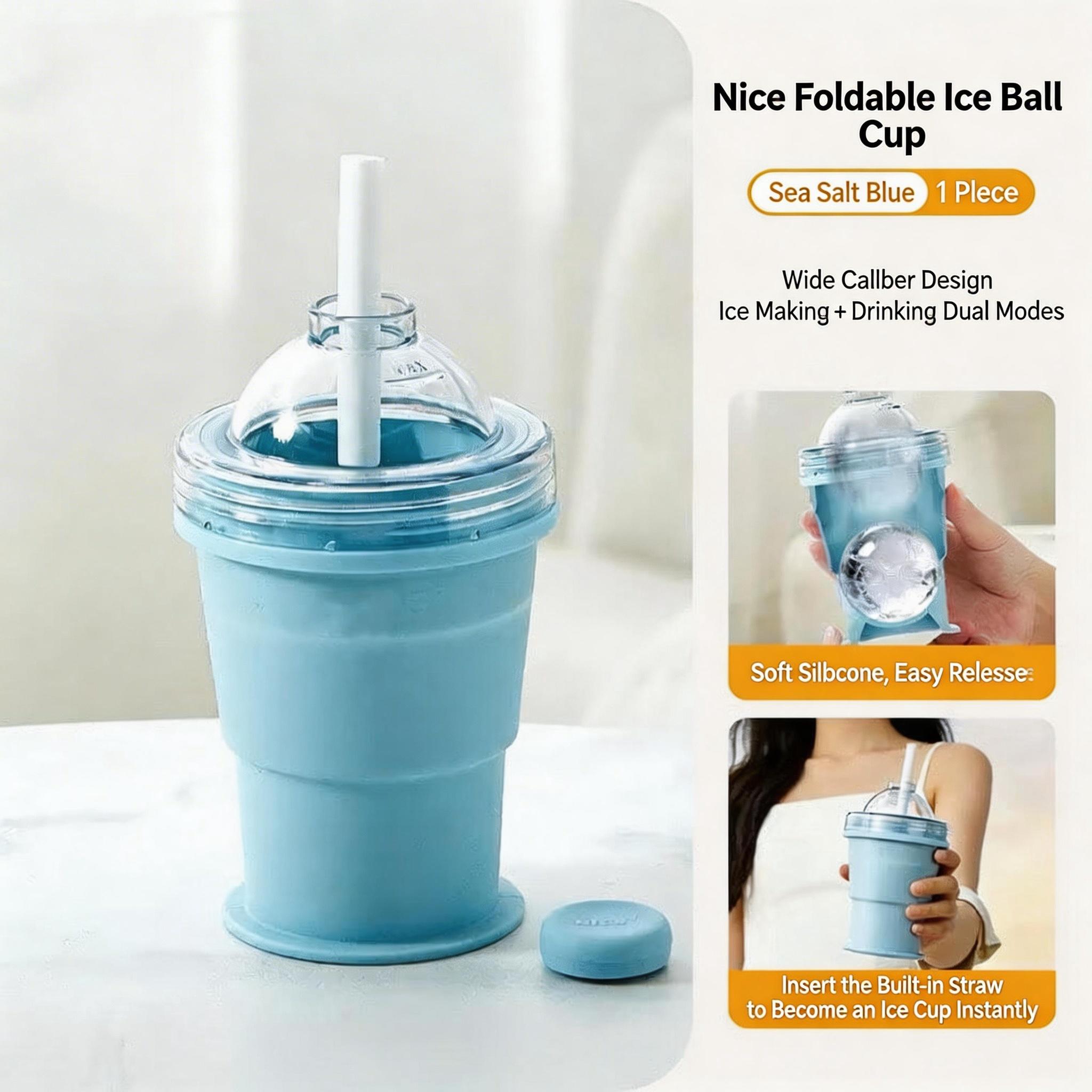 Portable Foldable Ice Ball Cup with Straw – Silicone, Food-Grade Ice Maker Mold, Summer On-the-Go Tumbler