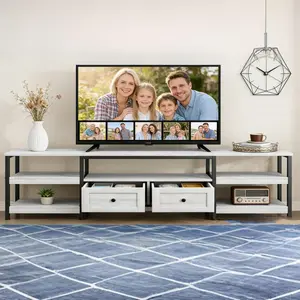Industrial TV Stand with 2 Drawers - Modern Rustic Entertainment Center - Multi-Layer Storage Shelves & Open Metal Frame - Fits TVs up to 85" - Ideal for Living Room - Antique White, 2 Meters