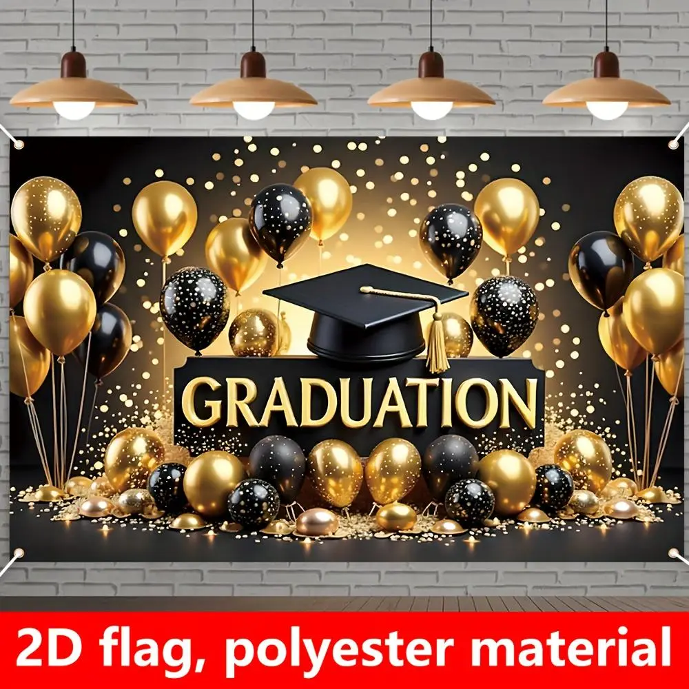 1pc Polyester 2D Flat Black and Golden Balloon Graduation Hat Banner, 150cm×100cm/59.0in×39.4in, Home & Festive Party Supplies Backdrop, Ideal for Birthday Occasions
