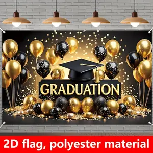 1pc Polyester 2D Flat Black and Golden Balloon Graduation Hat Banner, 150cm×100cm/59.0in×39.4in, Home & Festive Party Supplies Backdrop, Ideal for Birthday Events