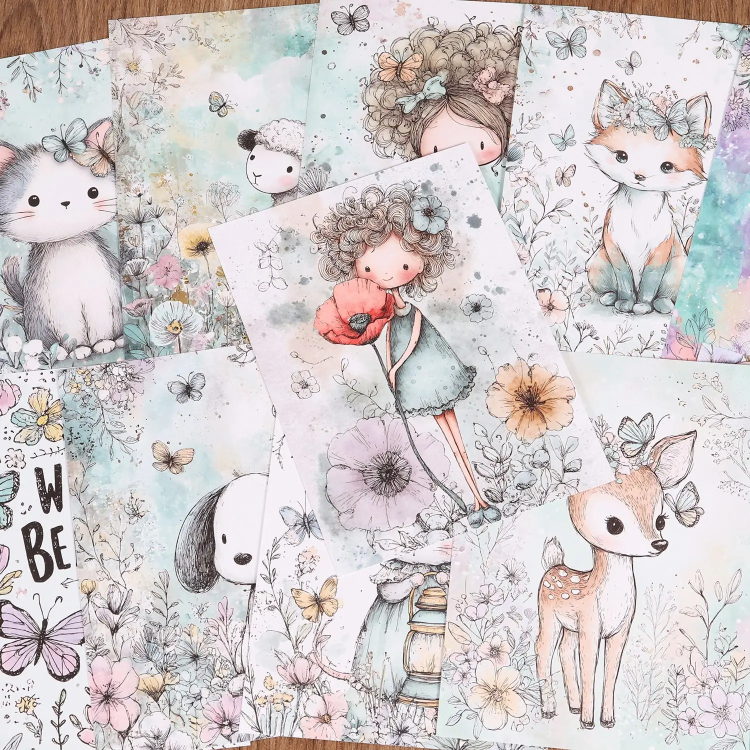 32sheets Fantasy Meadow DIY Junk Journal Paper, with Butterfly, Fox, Deer, Cat, for Card Making, Collage Decoration, Cute Scrapbooking & Journaling Supplies, Arts Crafts, Handmade Waste Diary, Notebook Covers