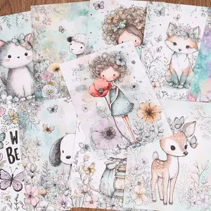 32sheets Fantasy Meadow DIY Junk Journal Paper, with Butterfly Fox, Deer, Cat, Sheep, Dog, for Card Making, Collage Decoration, Scrapbooking Supplies, Journaling Supplies, Scrapbook Accessories, Arts Crafts, Handmade Waste Diary, Notebook Covers