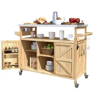 50" Outdoor Kitchen Island with Storage - Rolling Bar Cart with Wheels, Farmhouse Wood Outdoor Grill Table