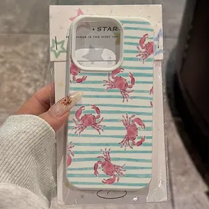 Watercolor Blue Striped Crab Pattern Phone Case, Full Protection Shockproof Tpu Cover, Compatible with iPhone 11-17 Pro Max, Anti-Slip Lightweight Soft Shell