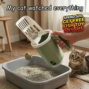 Cat Litter Scoop with Built-in Waste Bin and Bag Dispenser, 2-in-1 Cat Litter Cleaner Tool, Large Capacity Litter Scooper with Sifting Design for All Litter Types, Easy One-Hand Cleaning Tool for Cat Owners