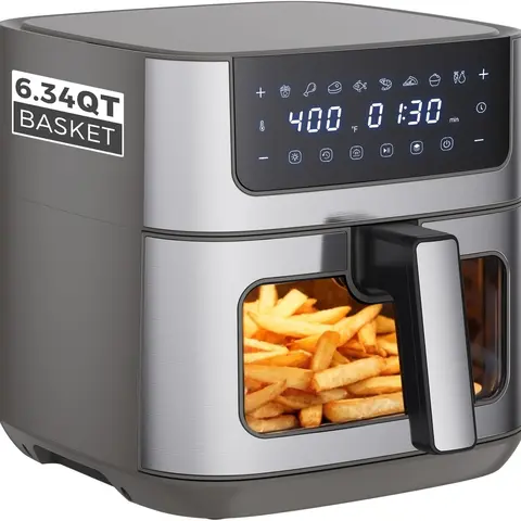 「AirFryerHoliday」6.34QT Air Fryer with Viewing Window, 8 Presets Digital Air Fryer, 400℉ Max Temp, 90-Min Timer, Nonstick Dishwasher-Safe Basket, Stainless Steel – Black/White/Grey