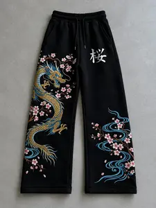 Dragon Pattern Floral Cherry Blossom Embroidered Sweatpants, Loose Straight Fit, Unique Street Style, New Chinese Fashion