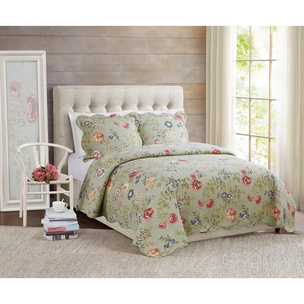 Twin Edens Garden Quilt with Pillow Sham: Pem-America Cotton Woven Coverlet Set Botanical Pattern Machine Washable