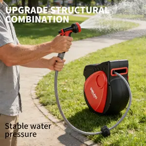 Retractable Garden Hose Reel, 5/8 Inch x 100 ft Wall Mounted, Heavy Duty with 9-Pattern Nozzle, Adjustable Length Lock, Upgraded Slow Return System & 180° Swivel Bracket