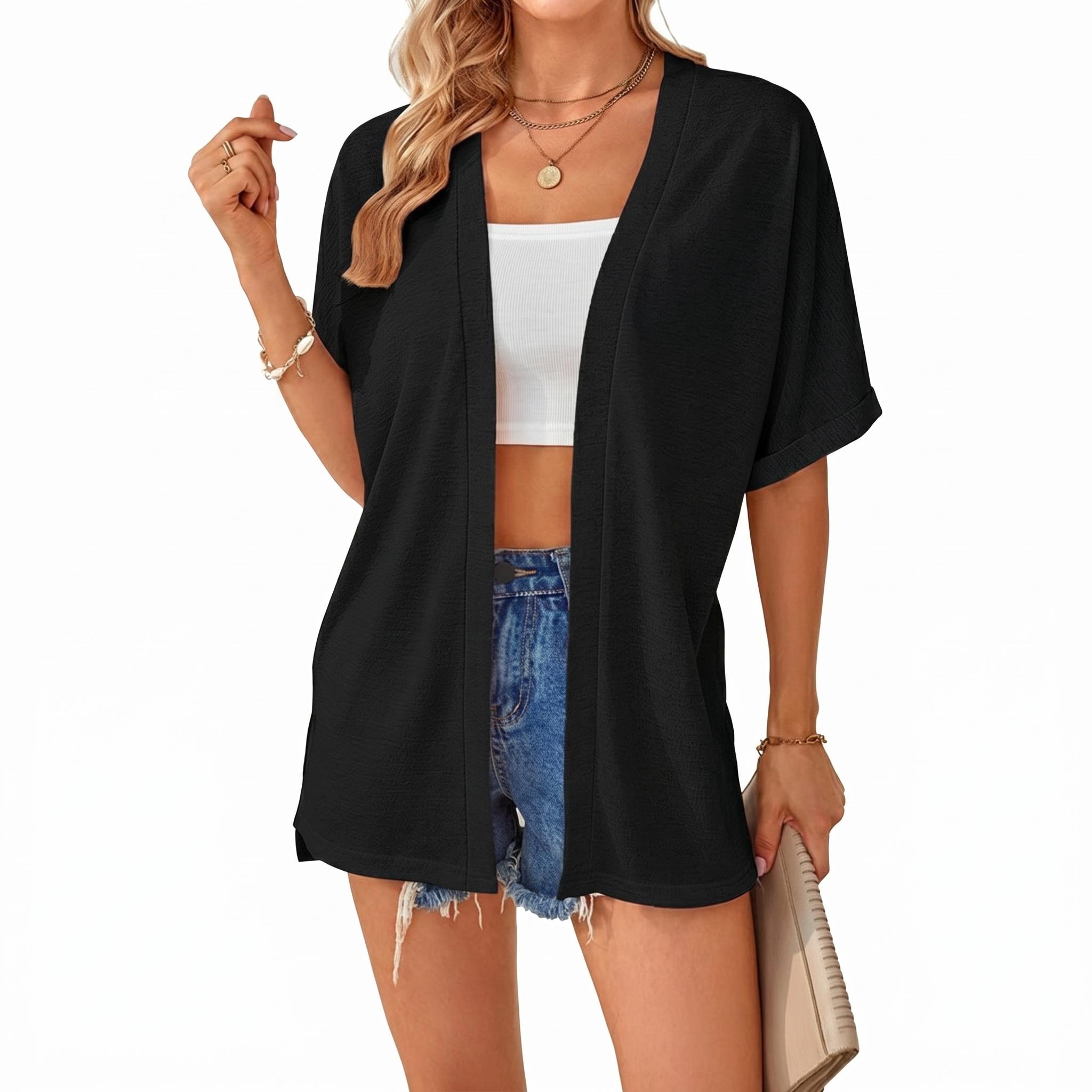 Women's Lightweight Short Sleeve Cardigan Open Front Oversized Summer Beach Cover Up Casual Loose Tops