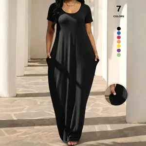 TFNOSIZE women’s casual dress with a crew neck, short sleeves, and pockets—elegant, minimalist, breathable, comfortable, and flowy. Fashionable knit loungewear/sleepwear for everyday wear at home. Womenswear