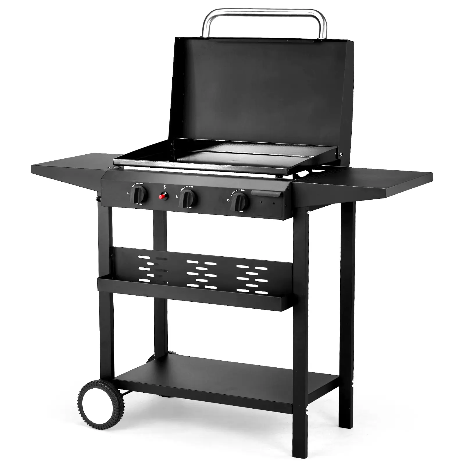 3-Burner Gas Griddle Cooking Station, Portable Tabletop Barbecue Grill with Steel Frame, Ceramic-Coated Pan & Side Shelves, 30000 BTU Outdoor Portable Kitchen, Tabletop Bbq, Grilling Set, Outdoor Bbq, Backyard, Iron/Steel, Convenient Storage