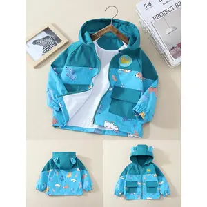 [Boys' Hooded Jacket] Boys' Hooded Jacket - Cute Cartoon Dog & Floral Print, Polyester, Zip-Up, Raglan Sleeves, Spring/Fall Casual Outerwear for Youngsters, Korean Style, Fashionable and Simple, Cute Jackets