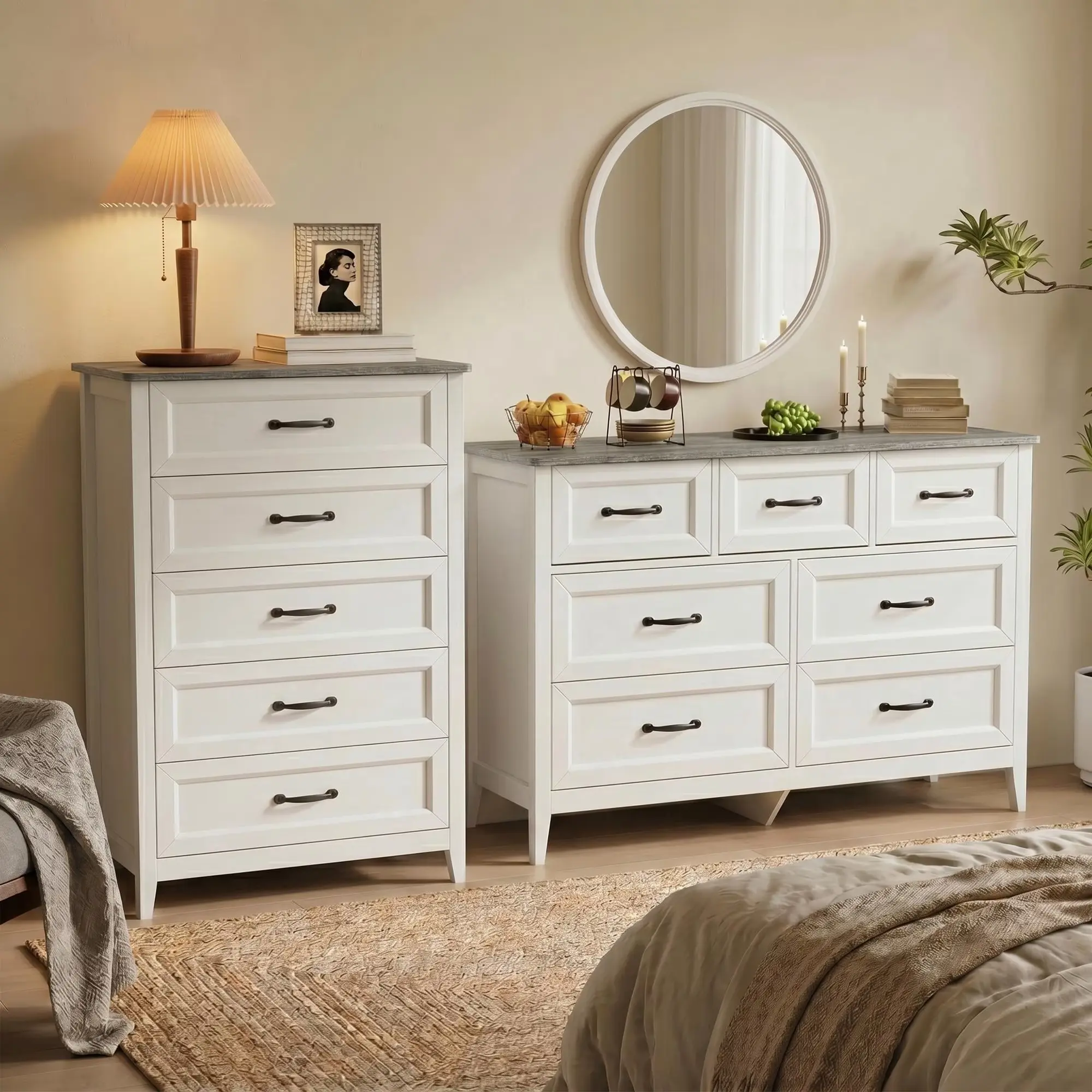 Gizoon 2-Piece Dresser Set, Bedroom Furniture Set of 2  - Includes 7-Drawer Wide Dresser & 5-Drawer Tall Dresser, Available in Black, White, Retro, Modern & Farmhouse6
