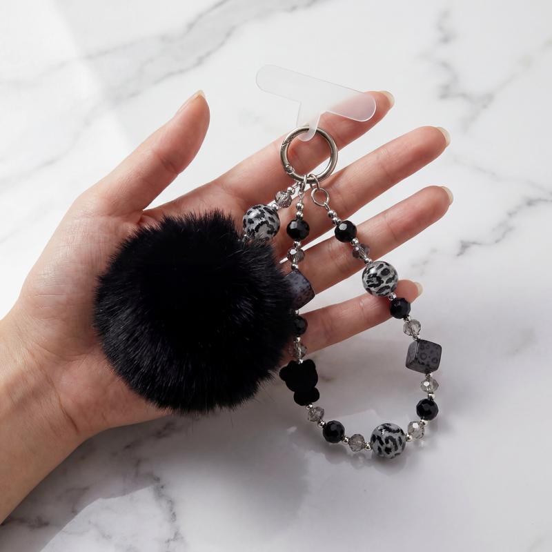 Minimalist Phone Charm Strap with Beads & Plush Pom – Cute Wrist Lanyard Keychain for Phone Case, Stylish Daily Accessory