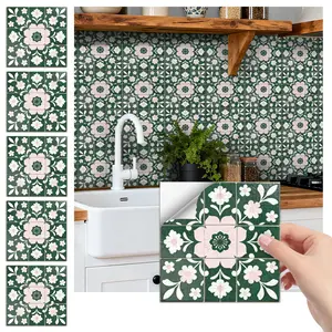 24PCS/Box FHZ Vintage Dark Green-Pink-White Tile Sticker | PET Matte Peel & Stick Splashback | Waterproof Multi-Scene Wall Sticker for Home/Office/Stairs
