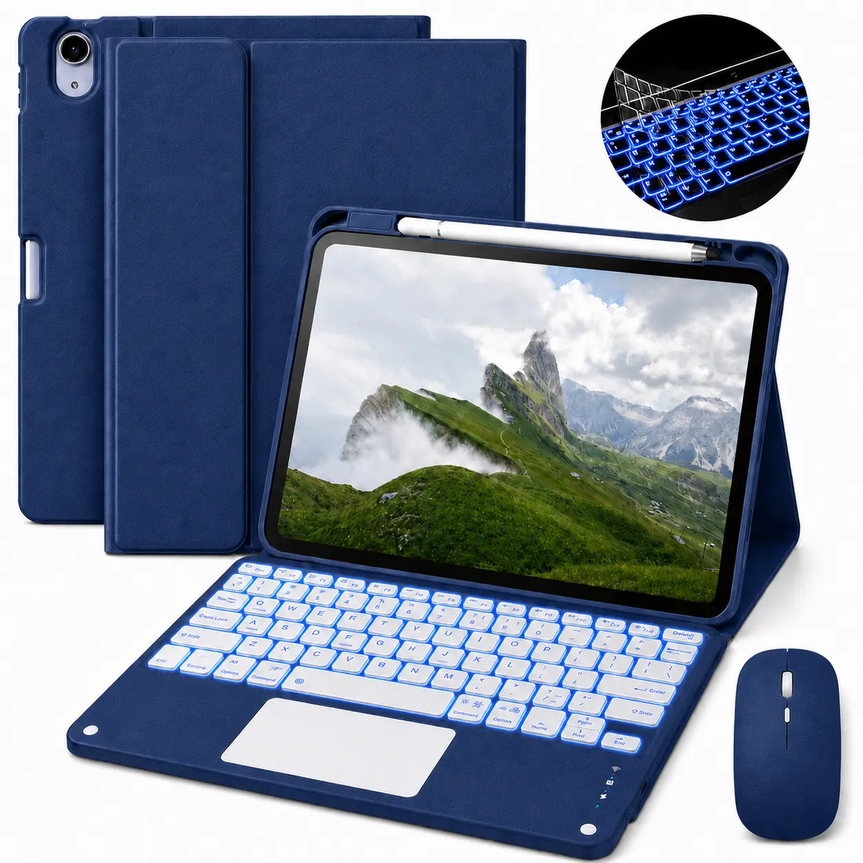 Wireless Tablet Folio Case with Rainbow 7-Color Backlit Detachable Keyboard, Trackpad, Pencil Holder for iPad 10th/11th Gen (A16), Colorful Electronics Accessories (Navy Blue)
