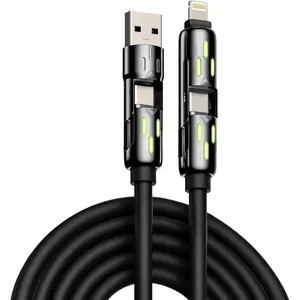 Two 1-meter black 4-in-1 high-speed USB breathing light charging cables - compatible with iPhone 16/15/14/13/12/11 Pro Max, iPad, Samsung Galaxy, MacBook and tablet computers, et