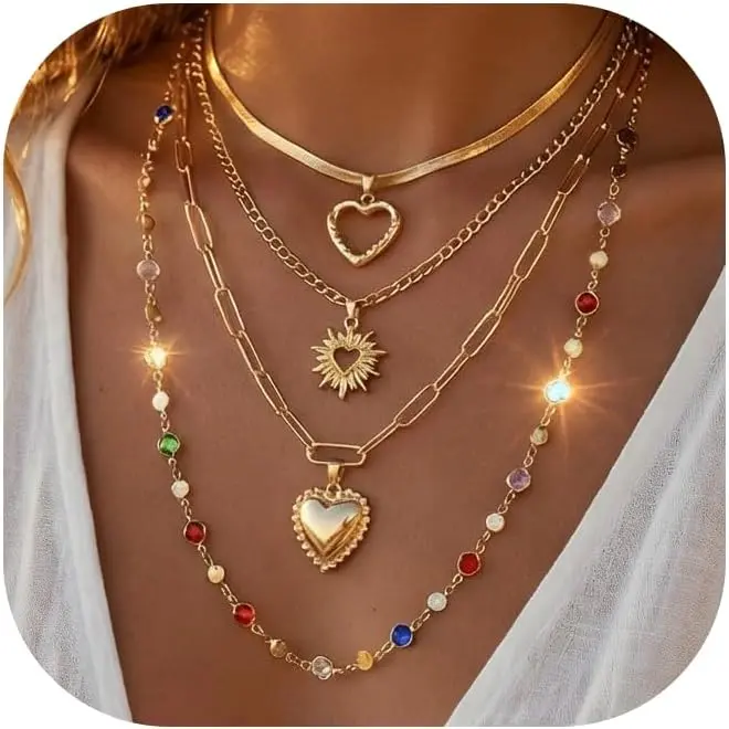 4 PCS Layered Gold Necklaces for Women, Heart Pendant Colorful Gemstone Trendy Jewelry for Daily Wear，Stackable Gold Pendant Necklaces Jewelry Set