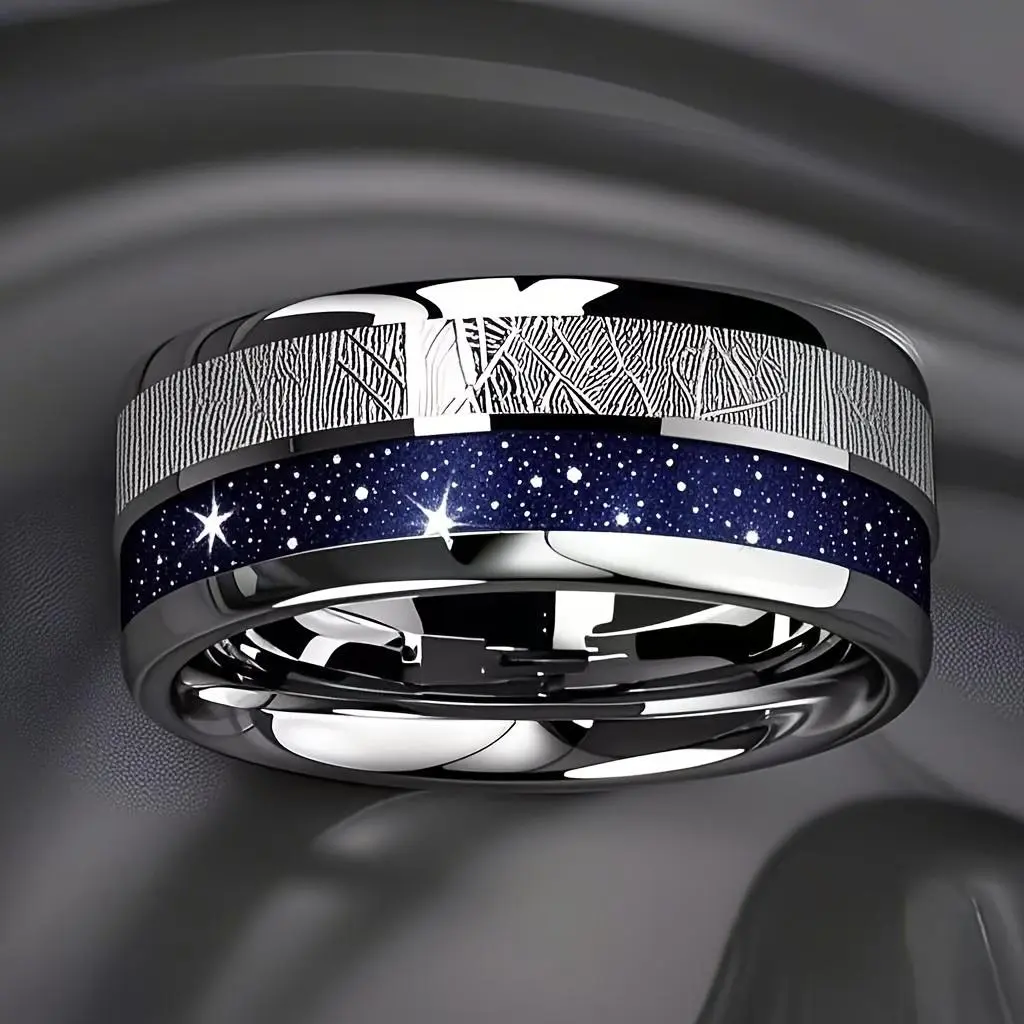 Fashion Dark Blue Starry Sky & Meteorite Inlay Rings 8mm Silver Color Men Stainless Steel Rings for Men Women Wedding Jewelry