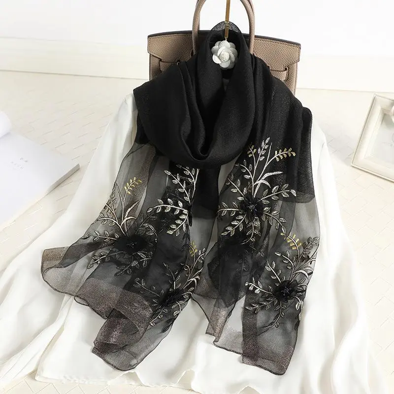 Handmade beaded silk scarf silk wool embroidered shawl