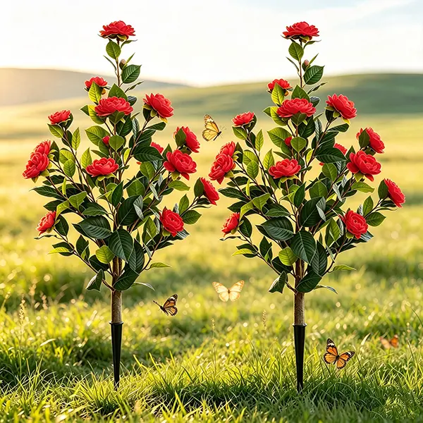 2-Pack 3FT Plastic Silk Artificial Red Camellia Trees, Realistic Look Fake Shrubs with Ground Stakes, Outdoor Waterproof All Seasons Flower Garden Decoration for Porch, Home Front Door