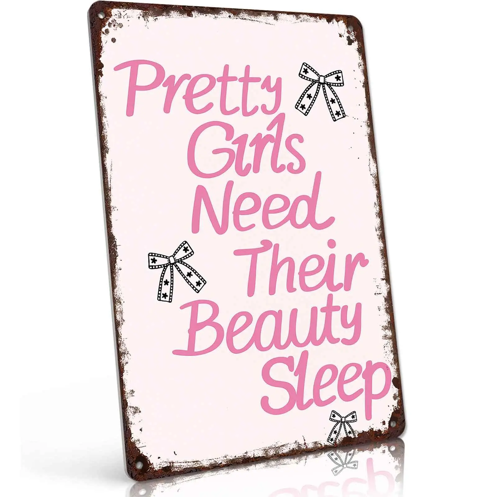 Retro Vintage Aluminium Wall Plaque (8x12 in) - Lightweight Pink "Pretty Girls Need Their Beauty Sleep" Hanging Bedroom Decor, Mountable Gift for Women Girls