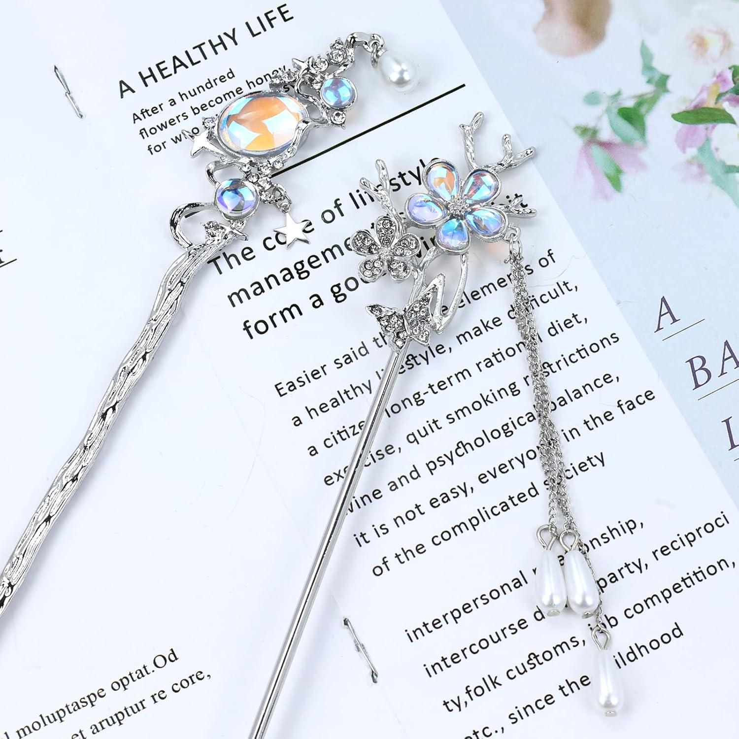 8 PCS Retro Vintage Traditional Hanfu Silvery Metal Flower Hair Sticks with Bead Pendants Bamboo for Lotus Long Hair Chopsticks Forks Bun Updo Holders Hairpins