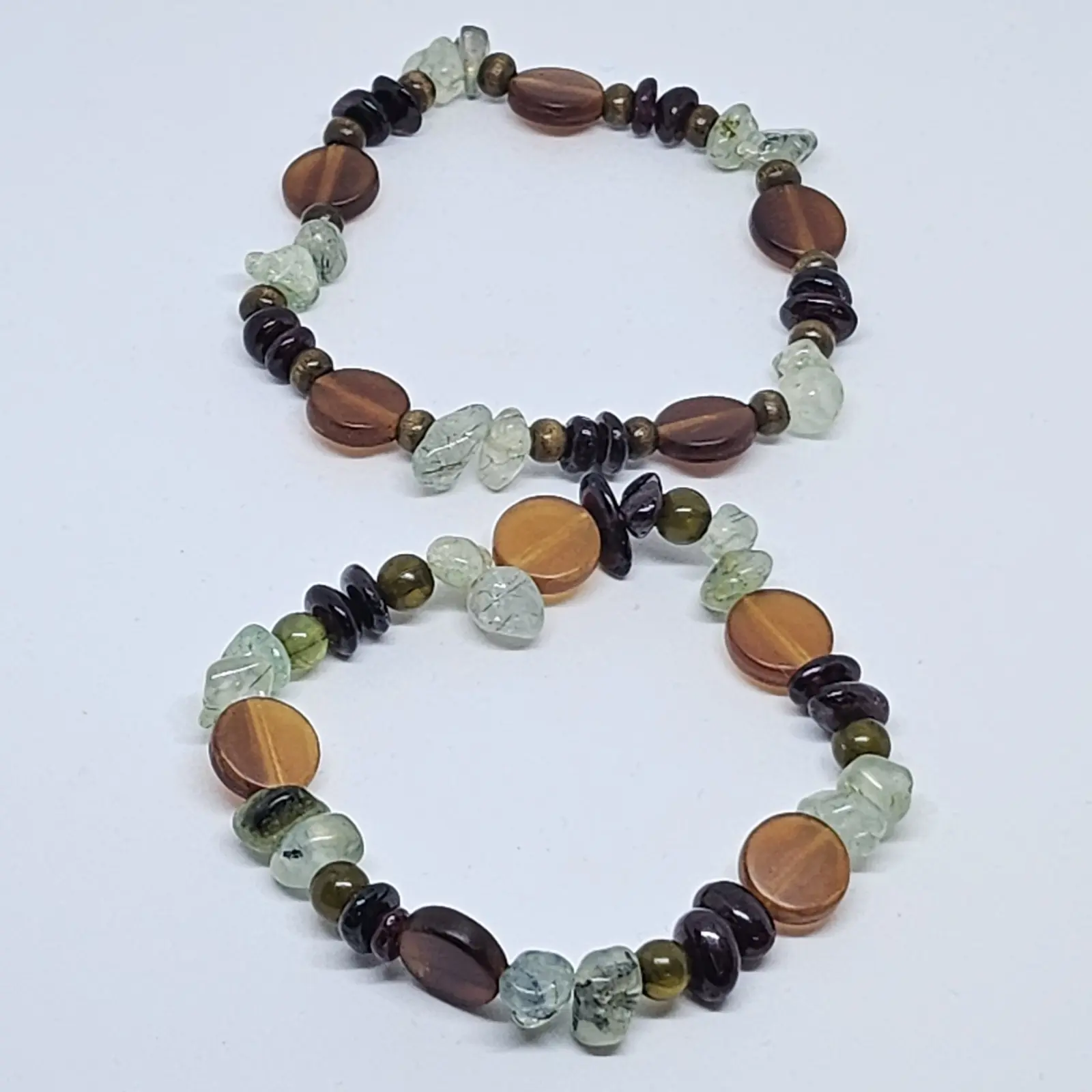Two Stretch Bracelets Peridot And Garnet Beads