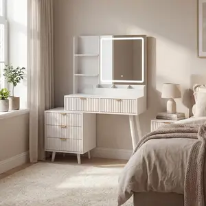 Wave Panel Design Vanity Desk with Lighted Mirror & Power Outlet, 3 Color Adjustable Lighting, 5 Drawers & Storage Shelves, Stylish Dressing Table for Bedroom