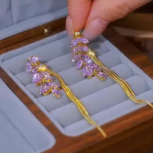 LisiZen Purple Zircon Wheat Tassel Earrings, Long Dangle Jewelry with Gold-Tone Finish, Chic Statement Earrings 2025 DZEH2343