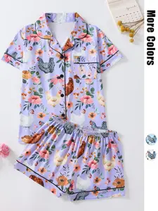 Women's Floral & Animal Chicken Print Shirt & Shorts Pyjama Two-piece Set, Casual Shortsleeve Top & Shorts Pj Set, Ladies Sleepwear for All Seasons, Loungewear, Pajama Sets, Womenswear, Loungewear Pajamas Set, Soft Lounge Sets, Summer Sleepwear