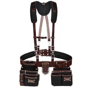 FUERI Nylon and Leather Tool Belt with Suspender comes with 19 Pocket with Adjustable Foam Padded Belt,Heavy Duty Pouches, 4 D-Loops, Leather Suspender and hammer holder for Carpenters & Electricians