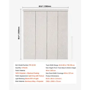 VEVOR Panel Track Blinds, Extendable Track from 45.8 in to 86 in W, Trimmable Panel Curtains Up to 96 in H, Vertical Blackout Panel Blinds for Sliding Doors, Patio Doors, Room Divider, Light Gray