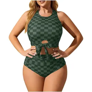 Bathing Suits Women 2026 High Waisted Two Piece Swimsuits Checkered Front Tie Swimwear Bikini Set Beachwear