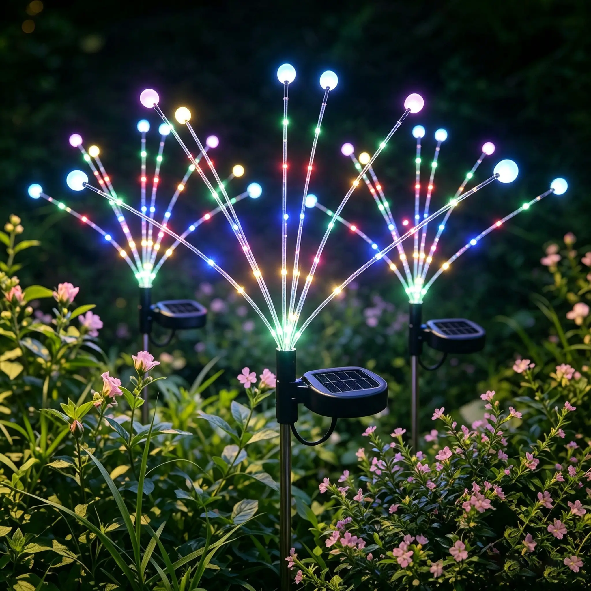 8-Heads Solar Firefly Stake Lights, IP65 Waterproof Auto On/Off Outdoor LED Landscape Lamp, Warm White & Multi-Color Ambient Decor for Backyard, Party, Holiday