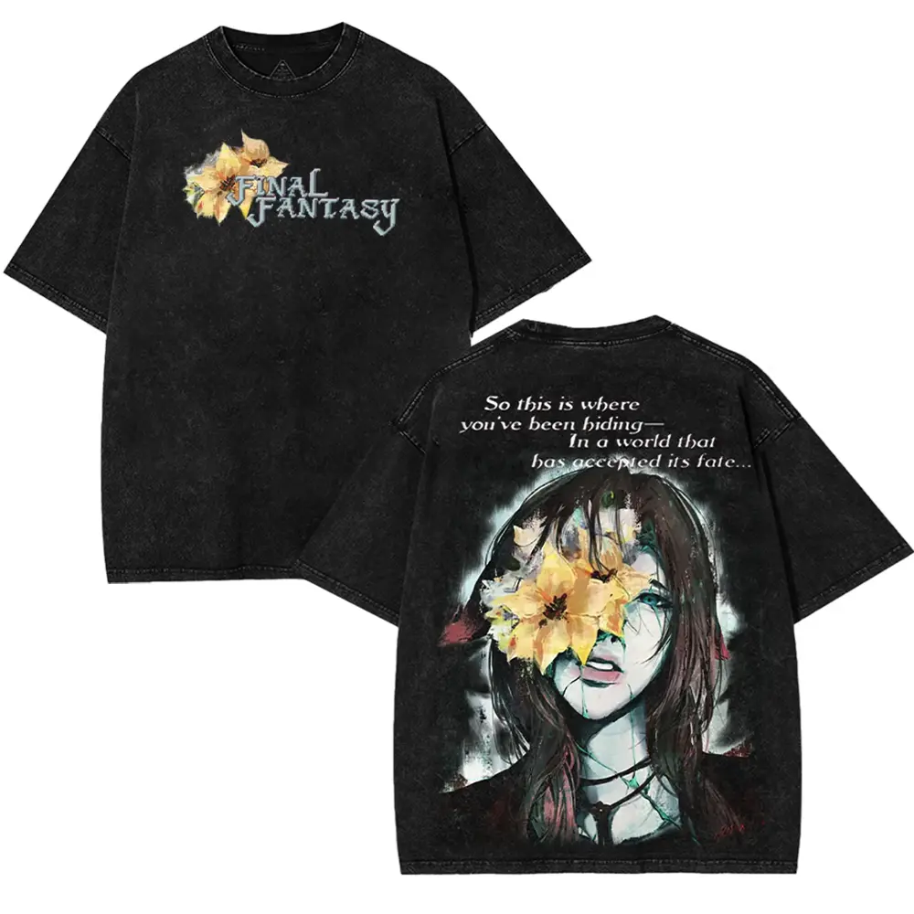 Aerith Gainsborough FF VII Streetwear Tee Double Printed Washed 2 Sided Printing T-Shirt RPG action Video anime manga Games movie Streetwear graphic