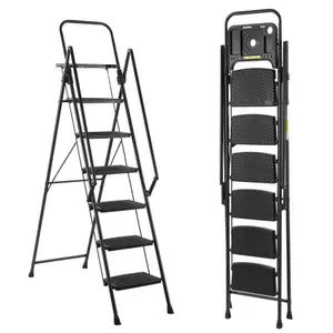 Bellemave  A folding foot ladder with handles, anti slip wide pedals, and tool trays, a lightweight steel ladder that is perfect for kitchen and home, indoor and outdoor use, and a sturdy 6-step steel ladder suitable for ceilings up to 12 feet high,