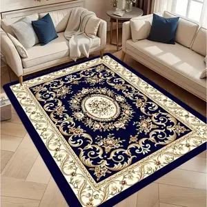 Classic Navy Blue Persian Floral Medallion Flannel Area Rug - Ornate Scroll & Flower Print Soft Mat for Living Room & Bedroom, Non-Slip Vintage Home Decor #ClassicPersianRug #NavyBlueFloralMat #VintageHomeDecor #MedallionScrollCarpet #NonSlipFlannelRug