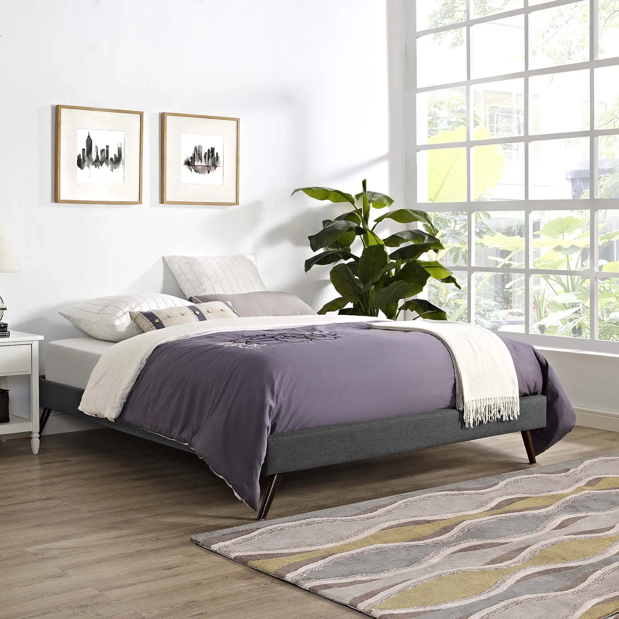 Modway Loryn Queen Size Polyester Fabric Platform Bed Frame - Minimalist Upholstered Design with Plastic Round Splayed Legs for Modern, Contemporary Bedrooms