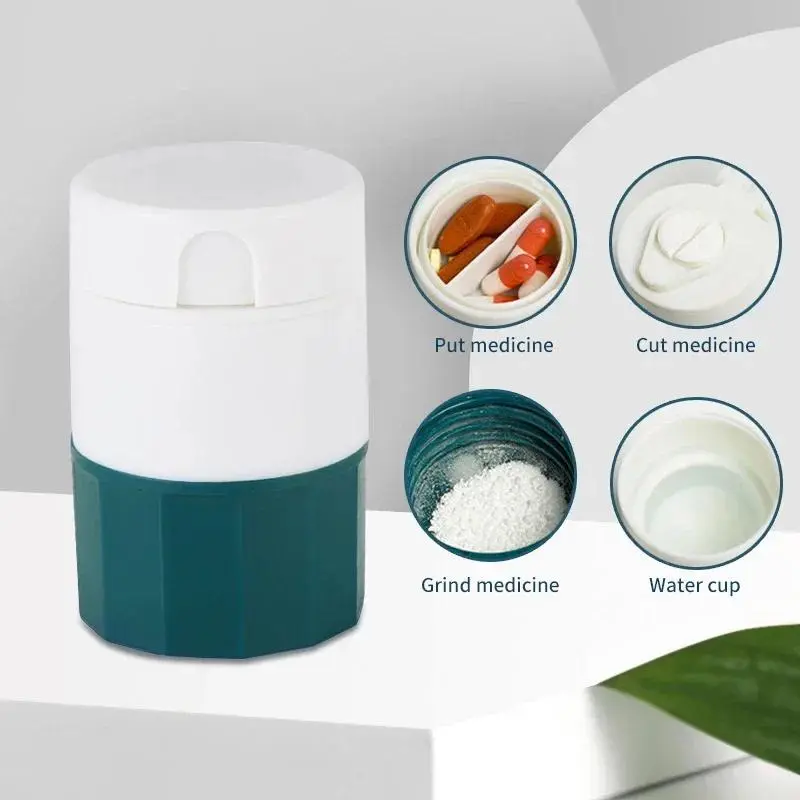 4-in-1 Portable Food Grade Pill Organizer Set - Medicine Pill Cutter, Splitter, Grinder, Non-Toxic and Tasteless Powder Storage Box for Home Organizing, Compact Set