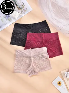 Women's High Elastic Lace Triangle High Waist Panties Set, High Waisted Panties, High Waist Briefs, Soft Fit Panty, Soft Skin-Friendly Fabric, Comfortable All-Season Underwear, 3-Piece Multi-Color Pack, Knicker Set