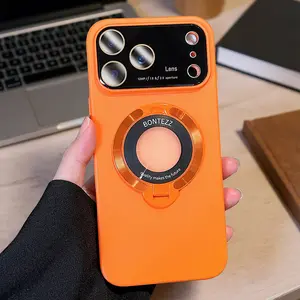 Luxury Slim Matte PC Bracket Case for iPhone 17 Pro Max 16 15 14 13 12 Magsafe Magnetic Ring Stand Case +Lens Protect Compatible with Magsafe, Window Glass Lens Camera Protector Magnetic Cover