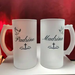 Godparents Glasses Set Each 16oz Personalized Padrino & Madrina with Dove and Cross Design Frosted Glassware