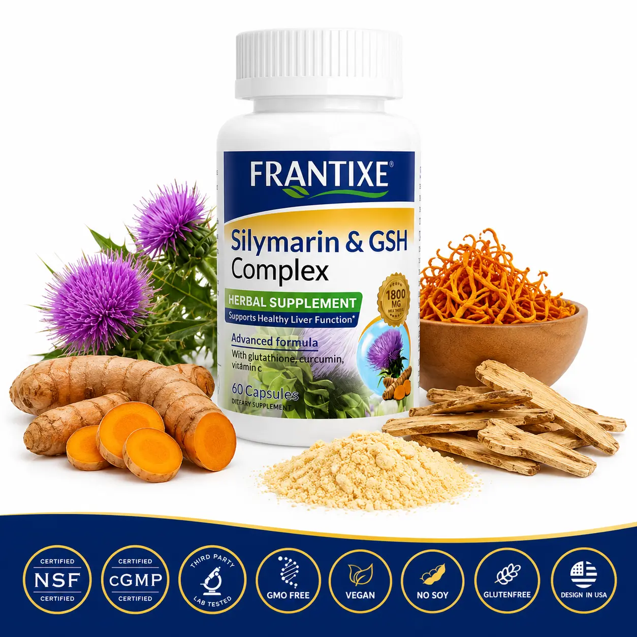 Frantixe Liver Support Silymarin & GSH, with 80% milk thistle, turmeric, glutathione, cordyceps, and vitamin C —60 herbal capsules, joint supplement, liver cleansing & detoxification, healthy hormonal balance, dietary healthcare
