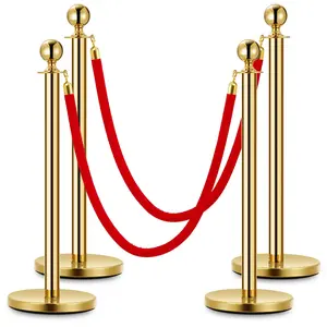 【GARVEE】4 PCs Gold Stanchion Posts with 5ft Red Velvet Ropes, Stainless Steel Retractable Barrier Set for Crowd Control at Events, Parties, Theaters, and Museums (4 Posts & 2 Ropes)