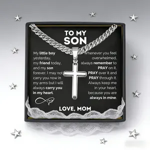 “To My Son” Stainless Steel Cross Pendant Necklace with Gift Card and Box, Meaningful Birthday or Christmas Present for Loved Ones in the Winter Season