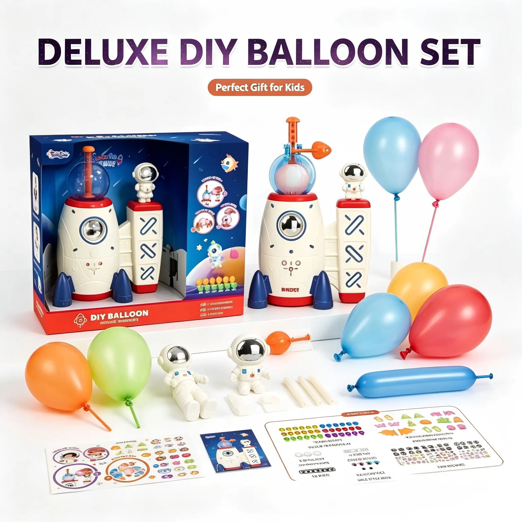 DIY Space Rocket Balloon Inflator Deluxe Set for Kids, Creative DIY Sticker Balloon Making Kit, Astronaut Space Theme Educational Craft Toy, Birthday Christmas Party Gift for Boys Girls Ages 3+