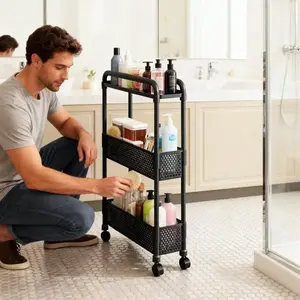 Space-Saving 5.12 Inch Narrow Space Organizer Rack, 3 Layer Durable Plastic Storage Shelf with Wheels, Matte Design